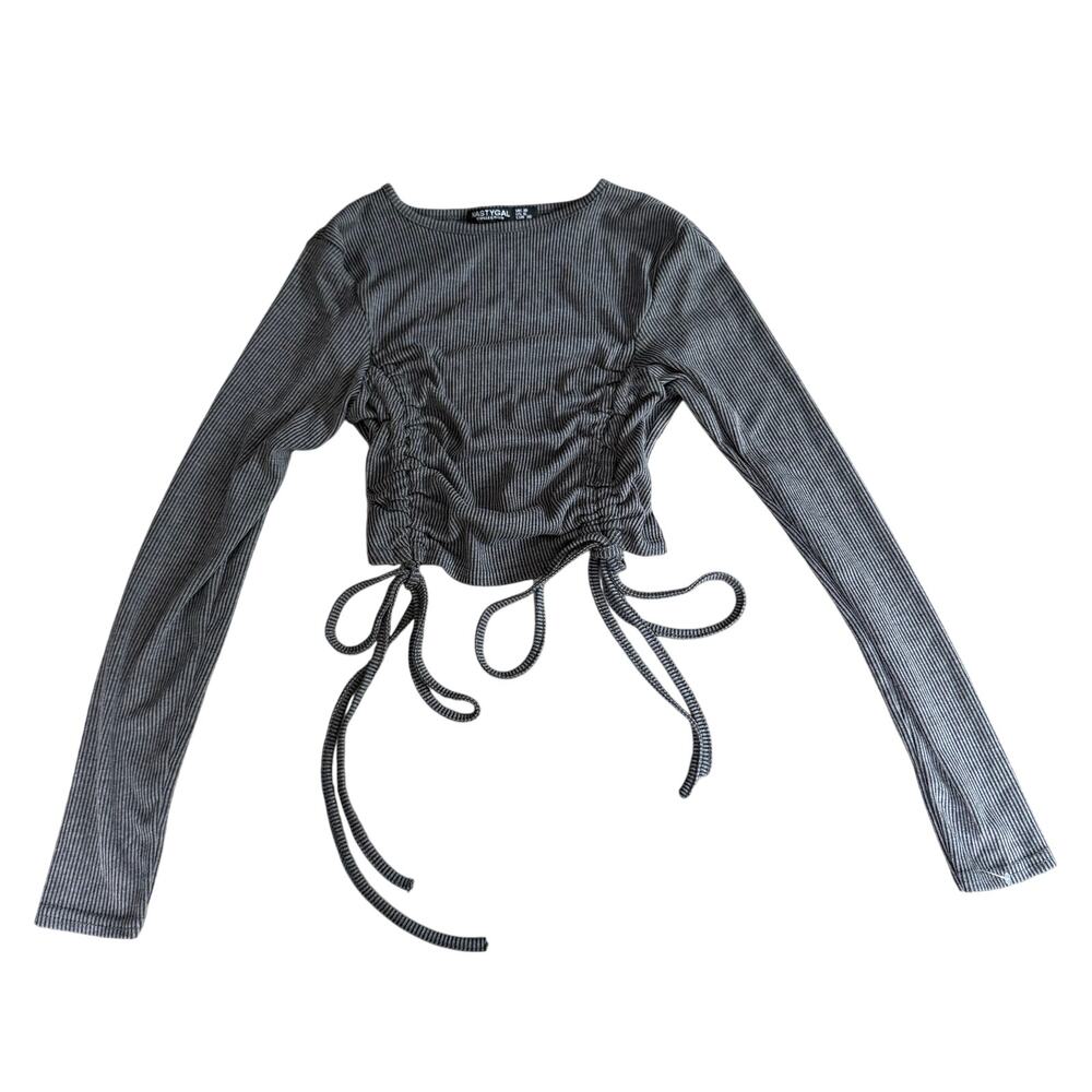 Nasty Gal Grey Ribbed/Striped Ruched Crop Top with Side Ties